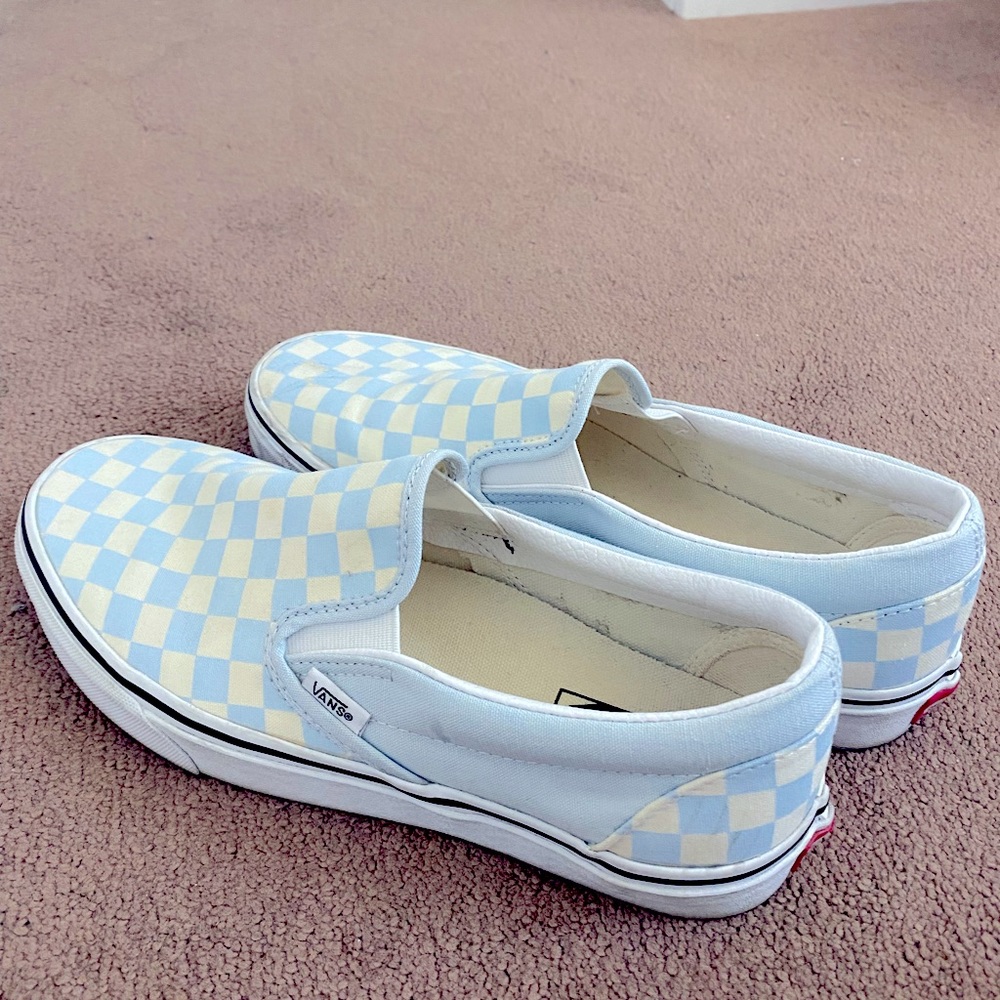 Vans light blue checkered slide on shoes. womens size 10.